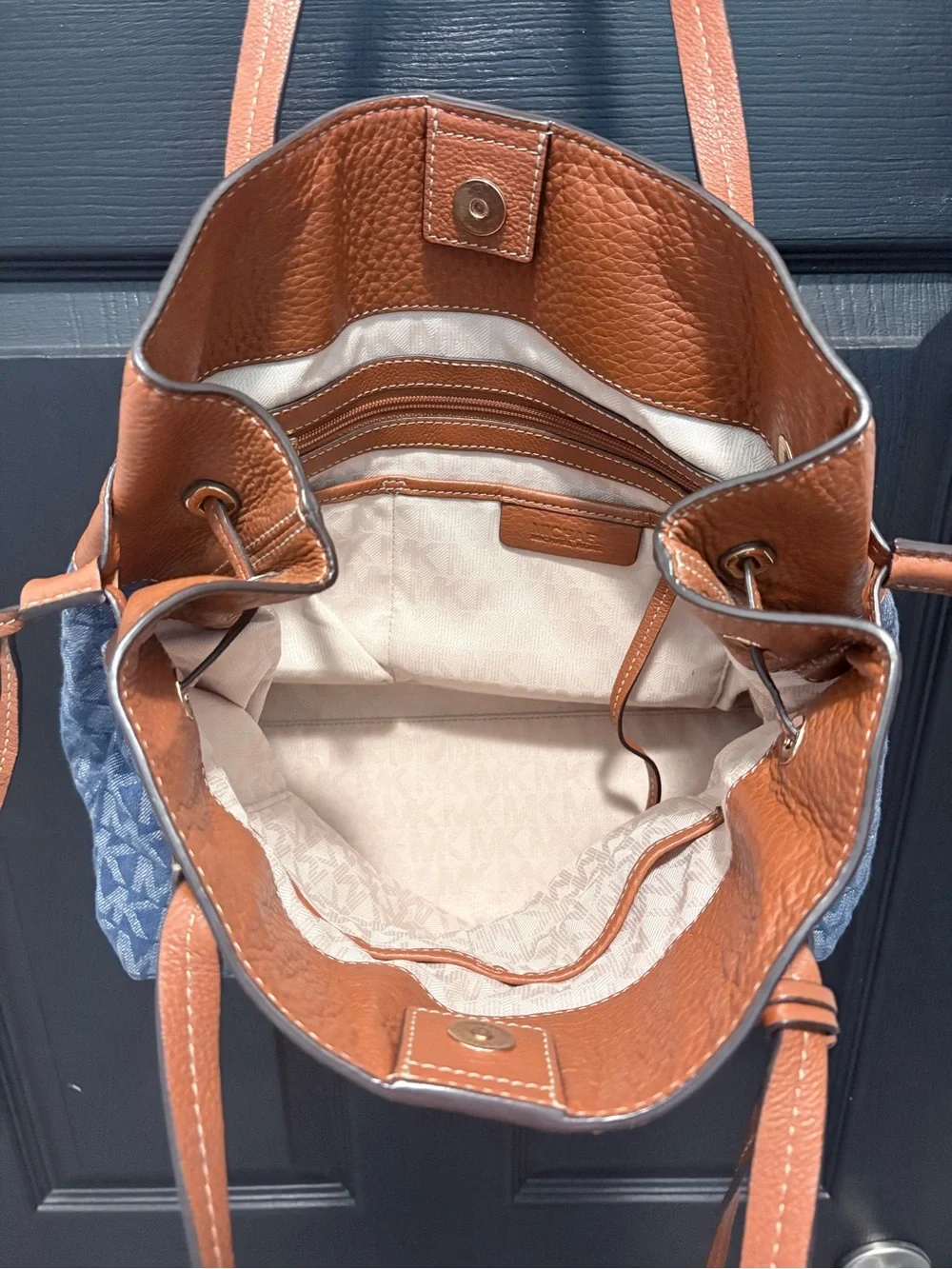 MICHAEL KORS Vintage MK Logo Denim Tote with Brown Leather Trim & Gold Charm